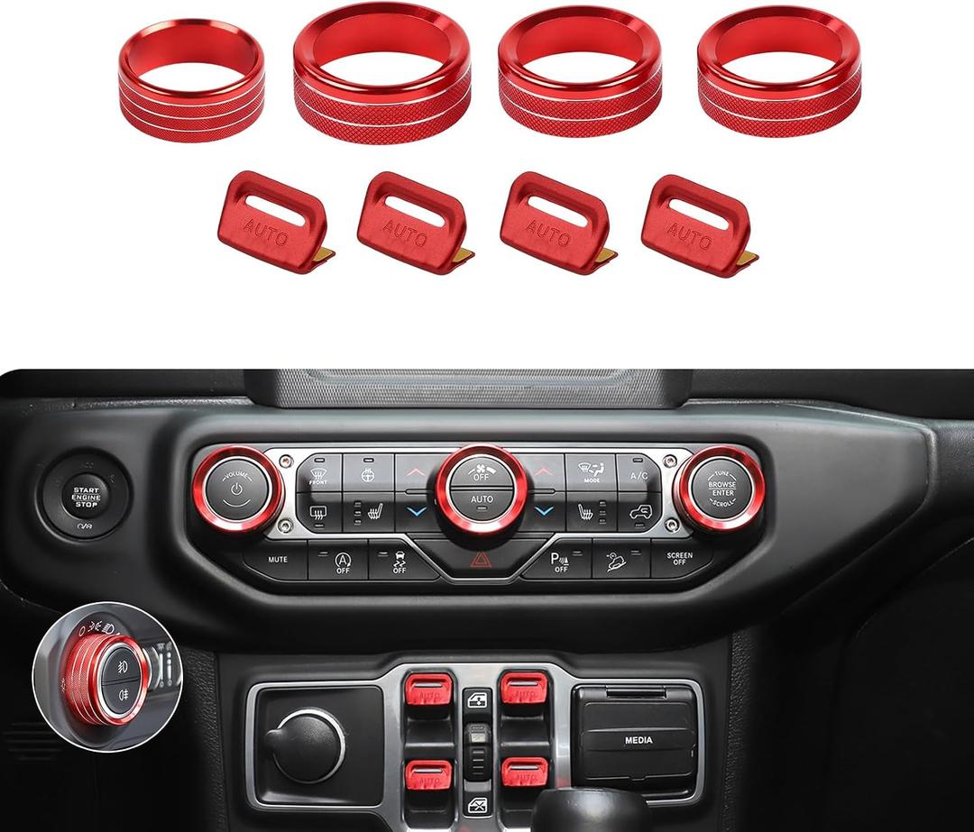JeCar JL Switch Button Covers Window Control Air Conditioner Headlight Volume Radio Knob Trims Interior Accessories Compatible with Jeep Wrangler JL JLU 2018-2026 & Gladiator JT 2020-2026, Red