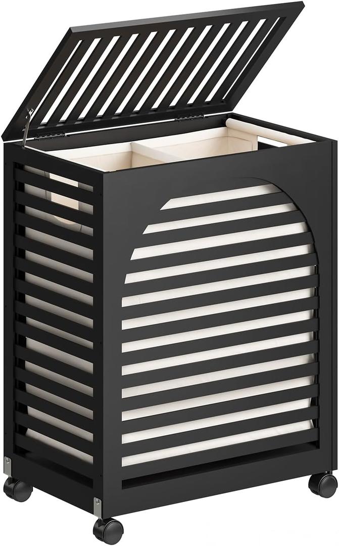 Black Laundry Hamper with Wheels, Large Laundry Basket with Lid, 27.3 Gallon (103.4L) Bamboo Wood Clothes Laundry Hamper 2 Section with Handles, Removable Liner