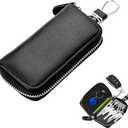 Leather Car Key Holder Bag, Unisex Key Fob Case with 6 Hooks, Zipper Closure Keychian Case Wallet for Smart Keys (Black)