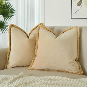 JUSPURBET Mustard Yellow Velvet Throw Pillow Covers 16x16 Inch Set of 2 with Soft Tassel Fringe Luxury Boho Pillowcase for Sofa Couch Bed Home Decor Machine Washable, Khaki