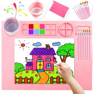 DIYDEC Silicone Craft Mat with Detachable Cup 20X16 Inch Large Silicone Painting Mat for Kids Art Supplies with 10 Painting Brushes Drawing Sheets for Adult DIY Accessories