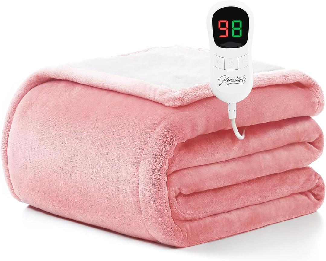 Homemate Electric Heated Blanket Twin Size - 62"x84" Heating Blanket Twin Size 1/2/4/6/8 Hours Auto-Off 10 Heat Level Over-Heat Protection Flannel Sherpa