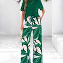 PRETTYGARDEN Women Summer 2 Piece Outfits 2026 Short Sleeve Knit Top Floral Print Belted Wide Leg Pant Sets With Pockets (Green, S)
