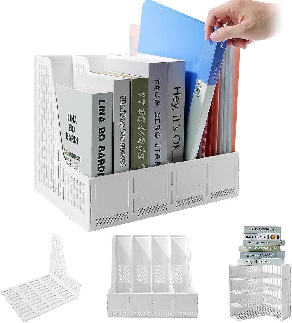ZQS Plastic Magazine File Holder, Desk Organizer File Folder for Office Organization and Storage, Sturdy Binder Organizer with 4 Vertical CompartmenteDesktop Accessories for Office Storage (PB107_White)
