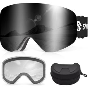 Ski Goggles, Frameless Snowboard Goggles with 2 UV400 Magnet Ski Lenses for Men & Women (Black(vlt 11.6%) + Clear (Vlt 83.5%))