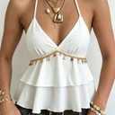 Women’s Casual Elegant Boho Shell Decor Cami Blouse, White Spaghetti Strap Sleeveless Ruffle Hem Tie Back Summer Top, Size XS 