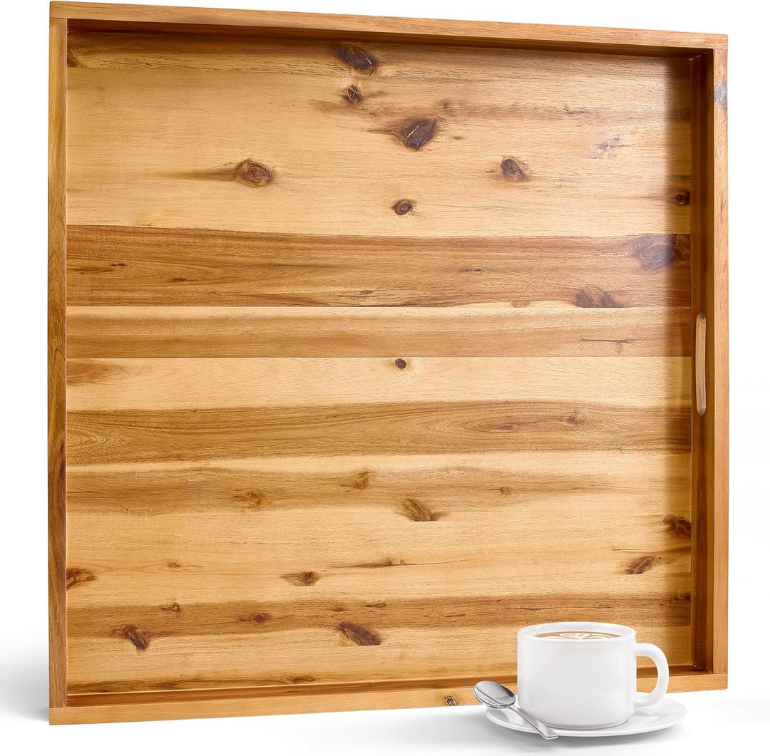 TIDITA 24 x 24 inch Acacia Wood Square Ottoman Tray Large Wooden Tray for Ottoman, Extra Large Ottoman Tray for Living Room, Coffee Table & Decorative Use (Acacia Color)