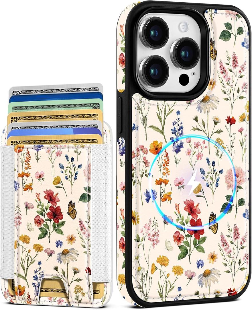 Shorogyt for iPhone 14 Pro Max Case Wallet - Fits 5 Cards, Compatible with Magsafe Detachable Magnetic Credit Card Holder Leather Cardholder Cute Phone Cover Women Girls for Apple 14 ProMax, Floral