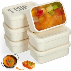 Teenyyou 6 Packs 1 Cup Silicone Soup Freezer Molds with Lid Silicone Soup Freezer Trays Rectangle Reusable Food Preserving Tray Freezing Sauces Stews(Beige)