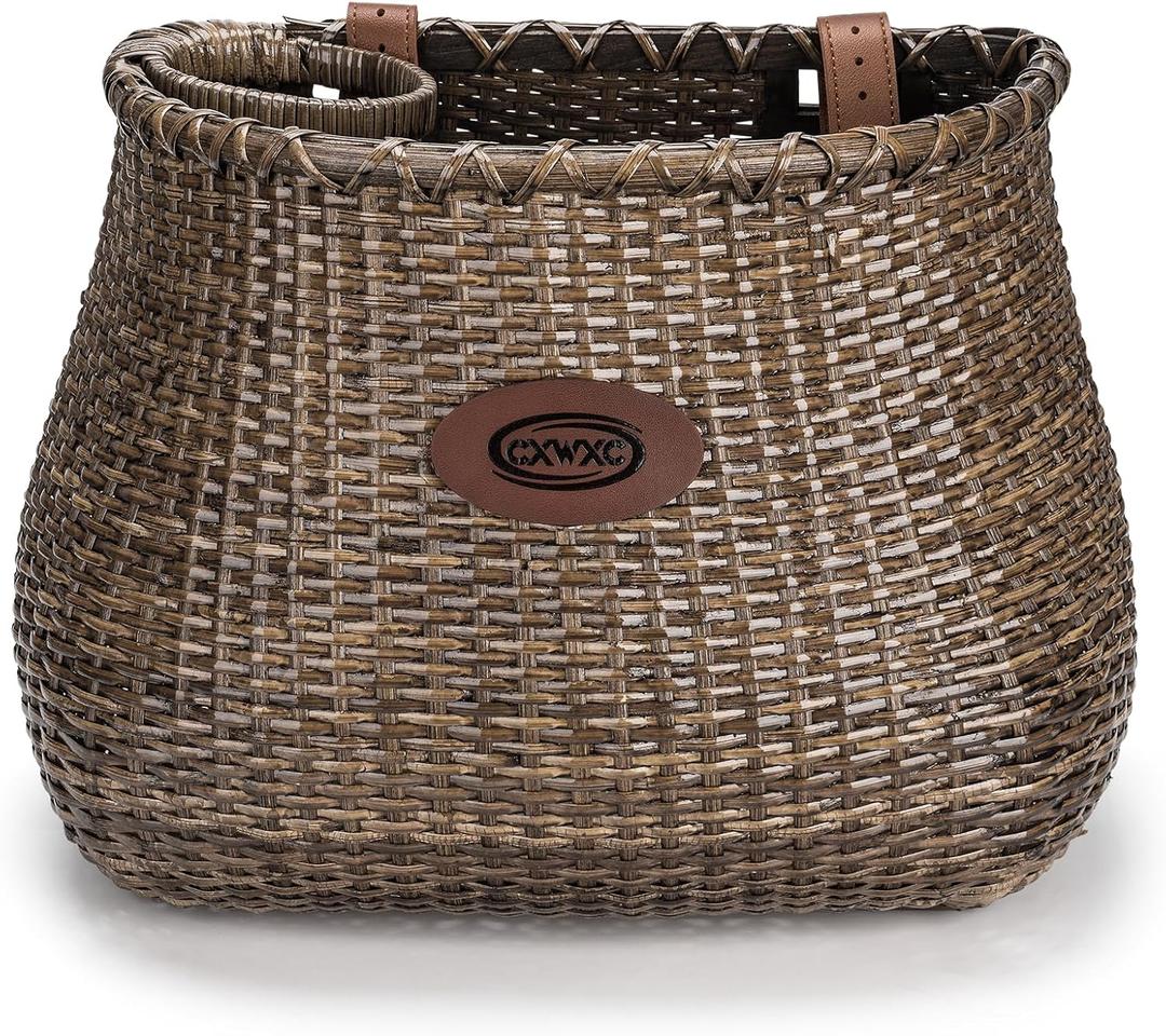 CXWXC Bike Basket - Handmade Rattan Bike Baskets for Girls Women - Front Bicycle Bike Basket with Coffee Cup Holder for Beach Cruiser, Scooter, Ebike (Dark Brown)