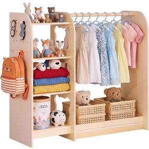 VEVOR Kids Dress Up Storage, with Mirror, Wooden Kids Dress Up Rack, Toddler Wardrobe Closet for Little Girls, Storage Armoire, Costume Organizer, Children Playroom Furniture, for Bedroom, Natural