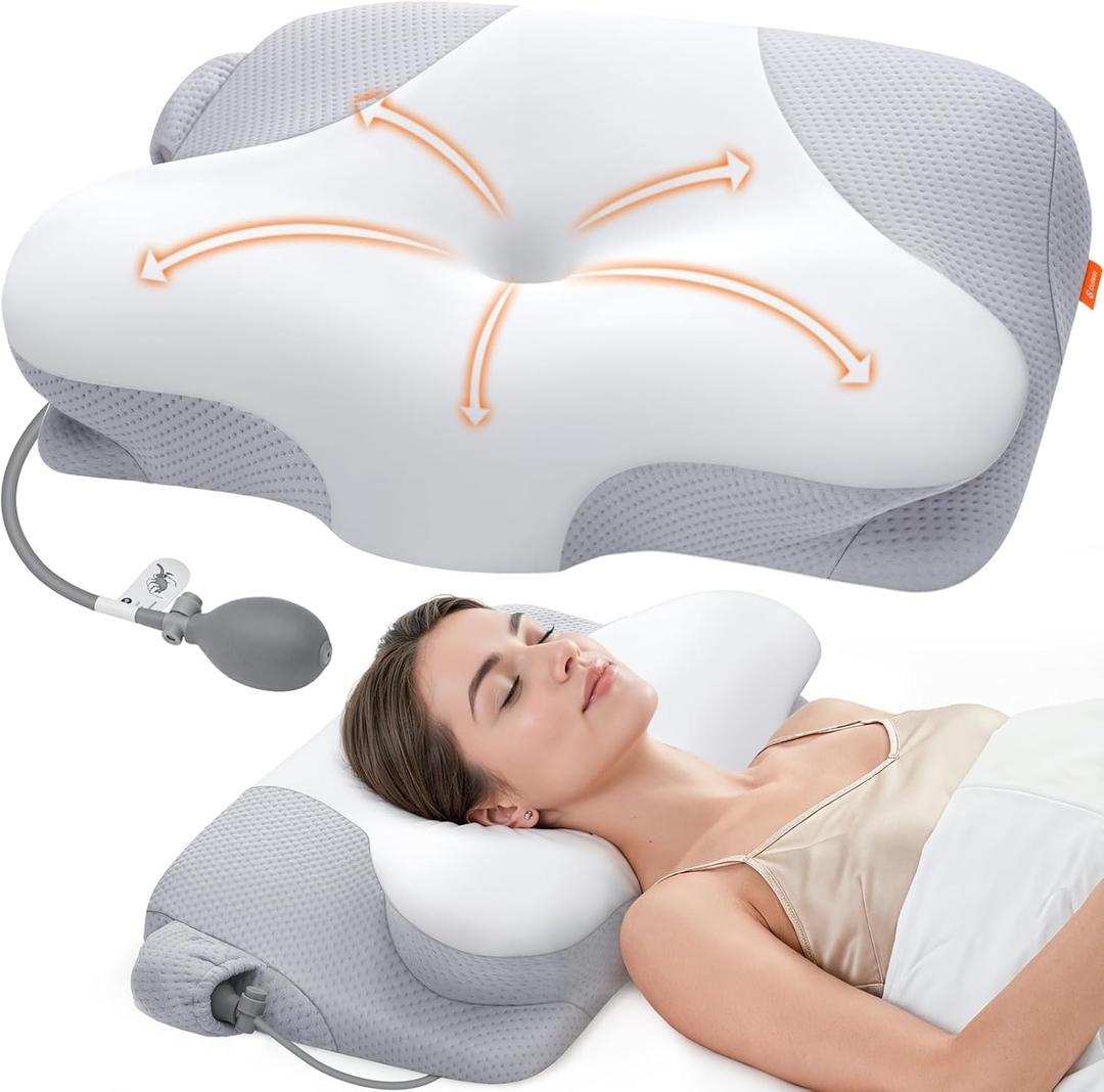 Inflatable Cervical Neck Pillow for Sleeping with Adjustable Support, Ergonomic Memory Foam Cloud Pillow, Neck Support Pillow for Back, Side & Stomach Sleepers, Bed Pillow with Ice Silk Pillowcase