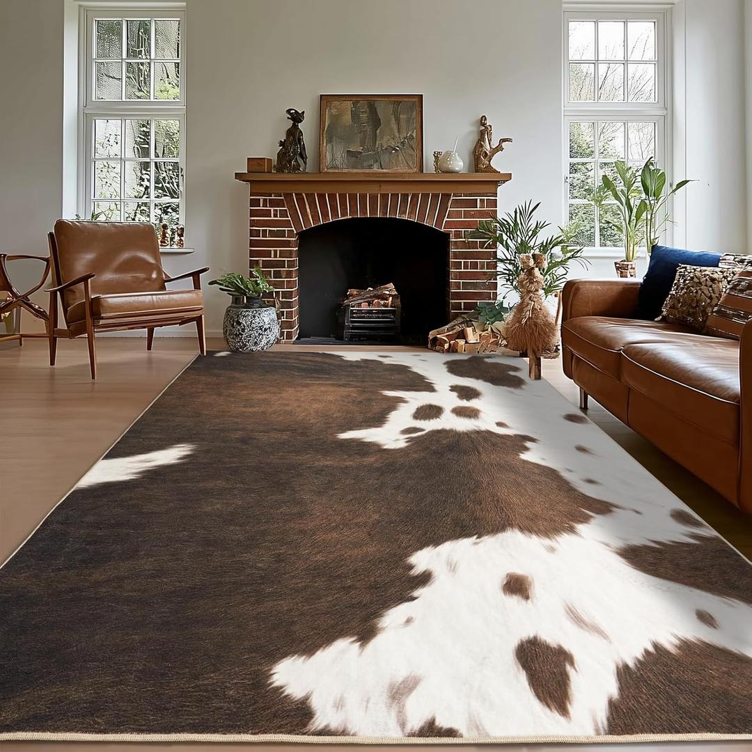 Cowhide Rug Area Rugs for Living Room, 6x9 Cow Print Rug Machine Washable for Bedroom Dining Room Western Home Decor Non-Slip Low Pile Indoor Floor Carpet