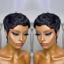 Short Pixie Cut Wigs for Black Women Human Hair Glue less pixie Layered None Lace Front Wig with Bangs Natural Straight Full Machine Made 1B color
