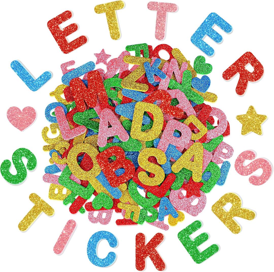 320 Pcs Foam Letters Stickers Glitter Alphabet Sticker, 1.5 inch 1 inch Self-Adhesive A-Z Letter Heart Star Foam Stickers for Kids Crafts Classroom Supplies School Project Party Decorations, 5 Colors