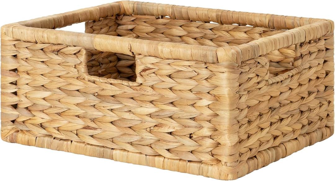 StorageWorks Large Wicker Basket for Organizing, Pantry Organizer with Wooden Frame, Water Hyacinth Storage Basket for Shelves