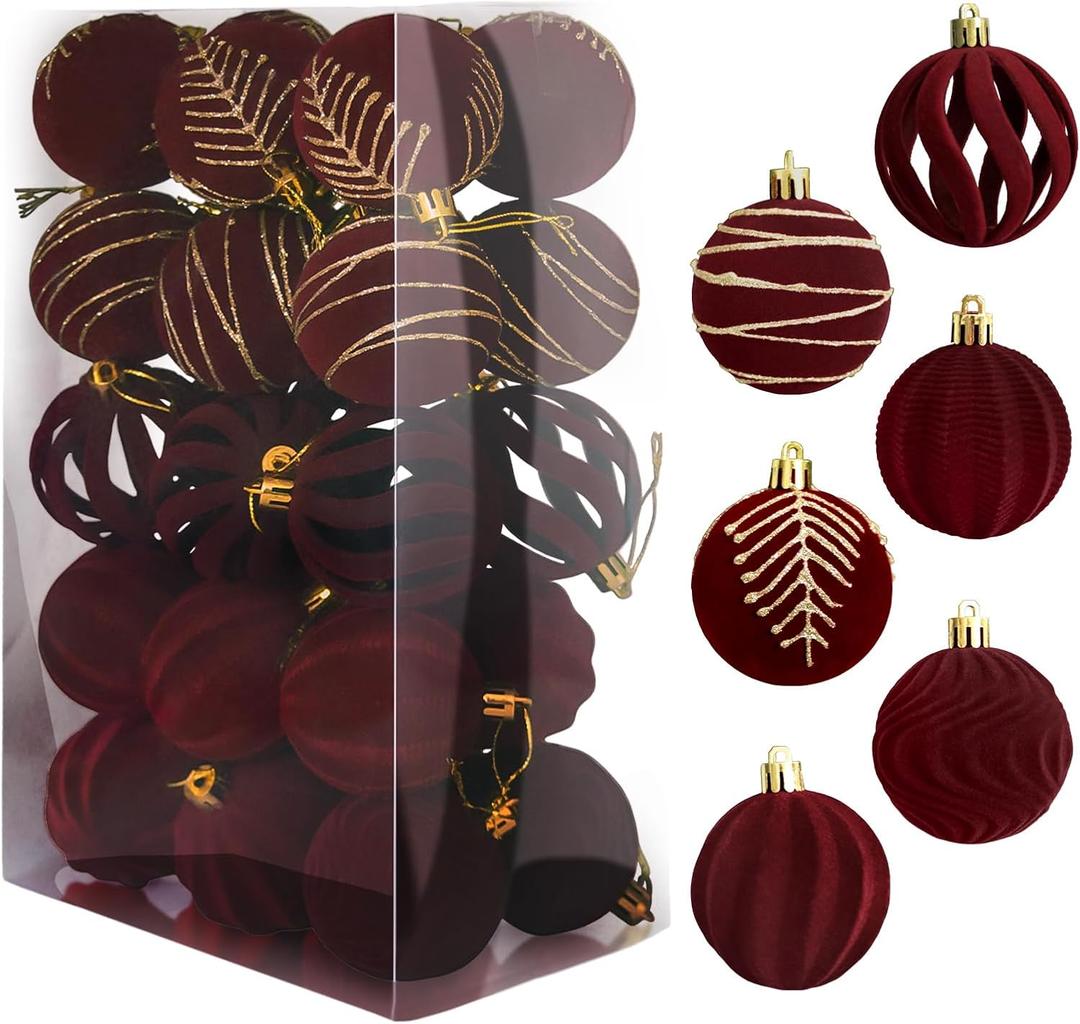 2.36 Inch Burgundy Velvet Christmas Ornaments, 30PCS Flocked Plastic Balls with 6 Patterns, Vintage Christmas Ornaments for Living Rooms, Bedrooms and Christmas, New Year (Red)