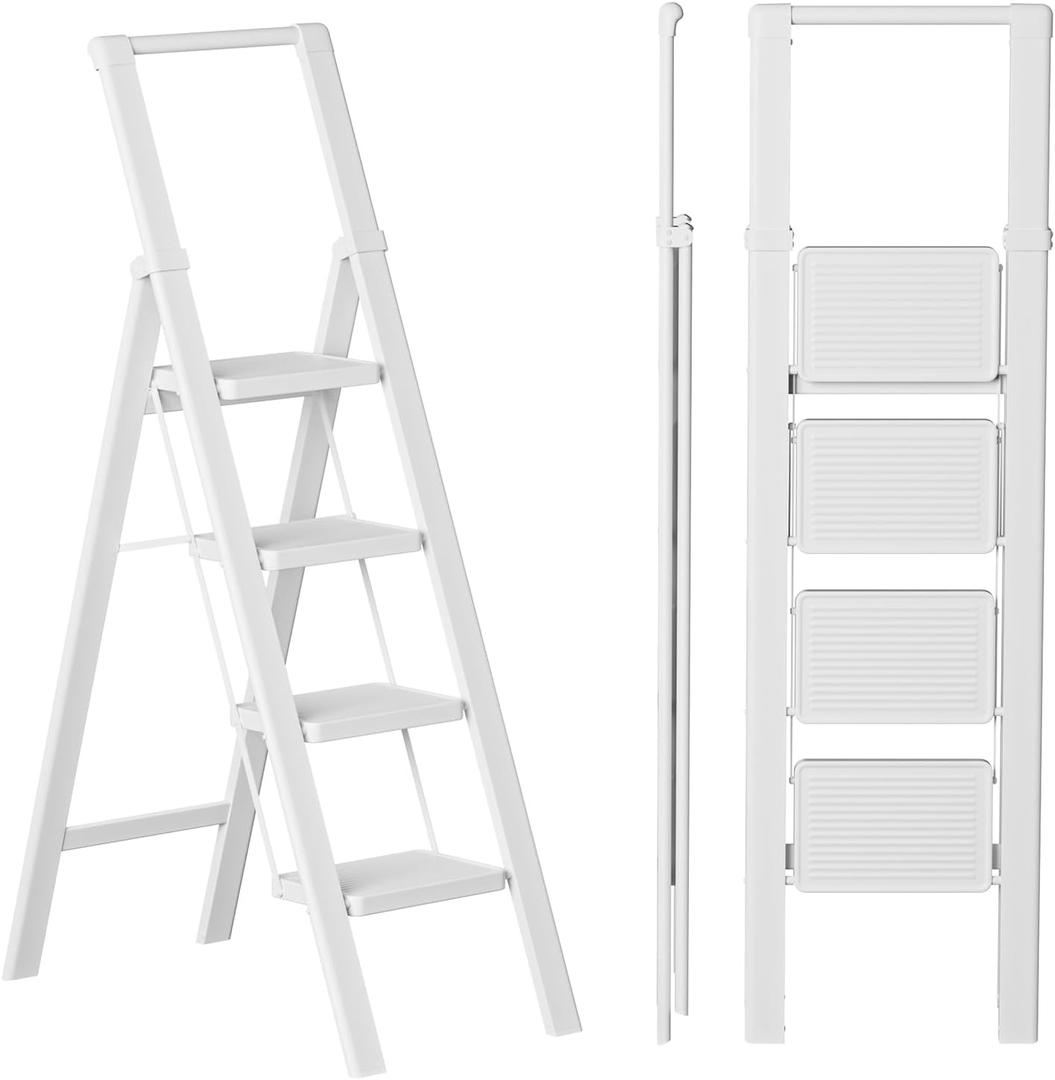 SOLADDER Step Ladder 4 Step Folding Stool with Anti-Slip Widened Sturdy Pedal and Handgrip, Portable and Multi-Use Iron Stepladder for Home, Kitchen, 300 lbs Capacity -Pure White