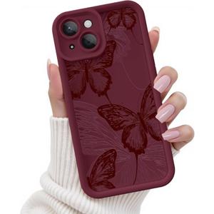 for iPhone 15 Case, Creative Butterfly Pattern Design for Girl Women, Soft Silicone Shockproof Anti-Scratch Protection Phone Cover for iPhone 15 (Burgundy Red Butterfly)