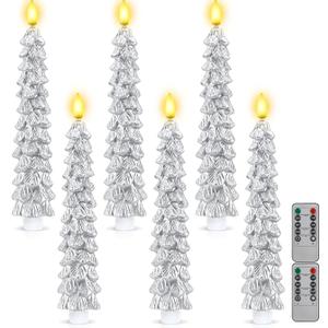 Funtery 6 Pcs LED Christmas Tree Flameless Taper Candles Real Wax Battery Operated Candlestick Lights with 3D Flame and Remote Timer Window Fireplace(Silver,Christmas Tree)