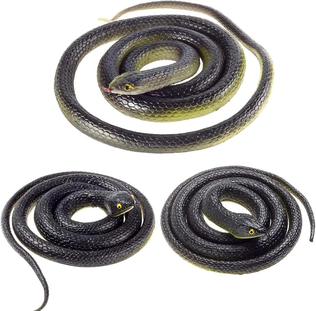 3-Pack Ultra-Realistic Rubber Snakes for Halloween Decorations, Garden Bird Scare, Pranks Large Fake Black Mamba Toy (47 & 31.5) Durable Outdoor/Indoor Props