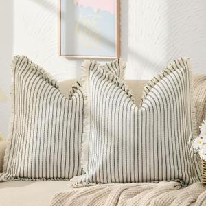 ZWJD Throw Pillow Covers 20x20 Set of 2 Striped Pillow Covers with Fringe Chic Cotton Decorative Pillows Square Cushion Covers for Sofa Couch Bed Living Room Farmhouse Decor, Black