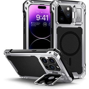 Lanhiem for iPhone 14 Pro Max Metal Case, [Built-in Camera Kickstand & Glass Screen Protector] Protective Heavy Duty Full Body Military Rugged Shockproof Magnetic Cover (Silver)