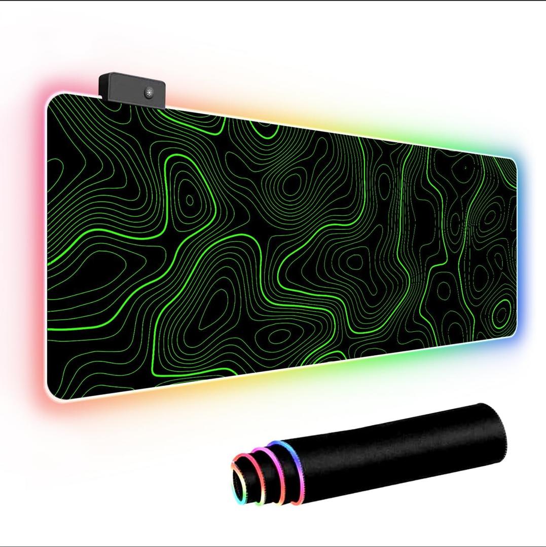 RGB Mouse Pad LED Desk Mat Large Gaming Mousepad Black and Green Line Design, Keyboard Pad XL Mouse Mat for Home and Office