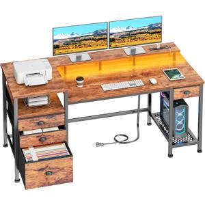 Furologee 60" Computer Desk with 4 Drawers and Printer Space, Gaming Desk with LED Lights and USB Power Outlets, Office Desk with Fabric File Cabinet, Work Table with Shelf for Bedroom, Rustic Brown