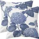 Blue Floral Throw Pillow Covers 18x18 Inch Set of 2, Vintage Botanical Hydrangea Decorative Cushion Covers for Farmhouse Sofa Couch Bedroom Living Room French Country Home Decor