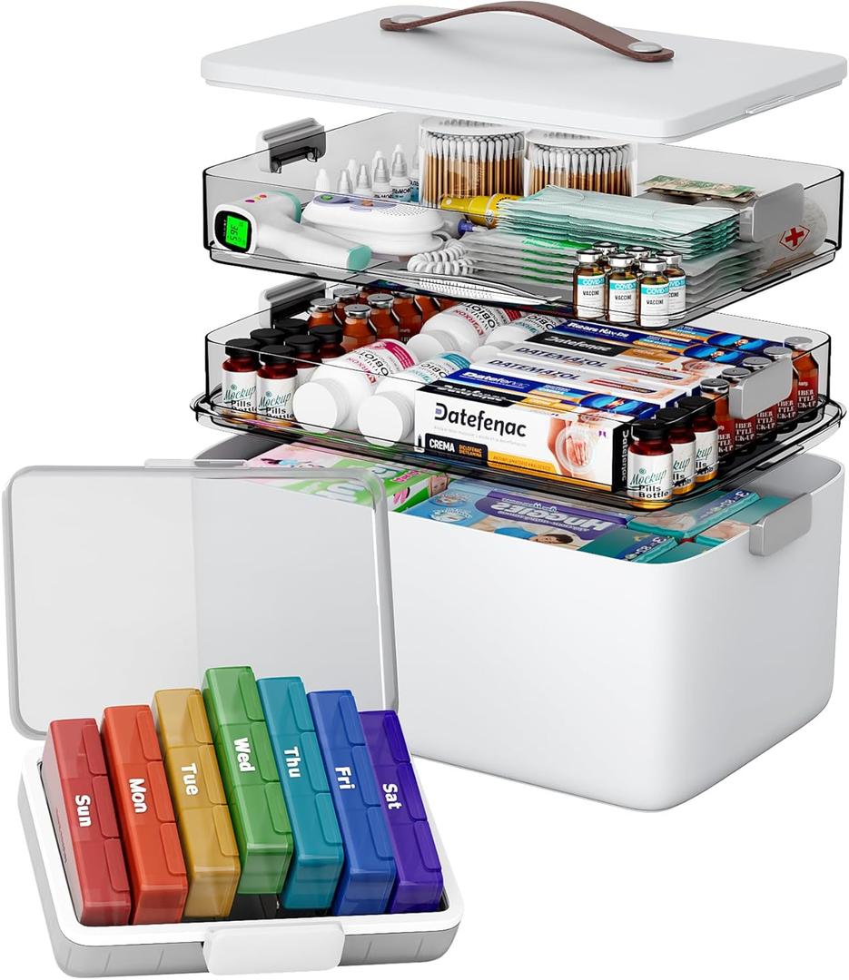CTIME 3-Tier Medicine Organizer with Pill Case - Portable Pill Case & Empty First Aid Kit for Home, Travel, RV, School, Dorm, Ideal Elderly, Father Gift