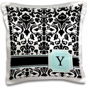 3D Rose Letter Y Monogrammed Mint Blue Damask Pattern-Classy Personalized Initial Design Pillowcase, 16" x 16", Black/White