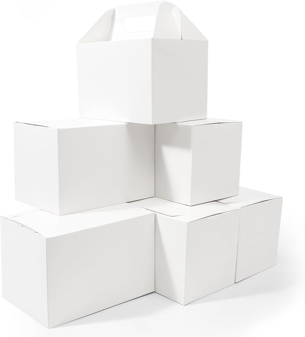 Happyhiram 40-Pack Large Gable Boxes White - 9x6x6 Inch Sturdy Welcome Gift Boxes for Party Favors, Box Lunches, Cookies, and Birthday Wedding, Easy to Assemble with Handles