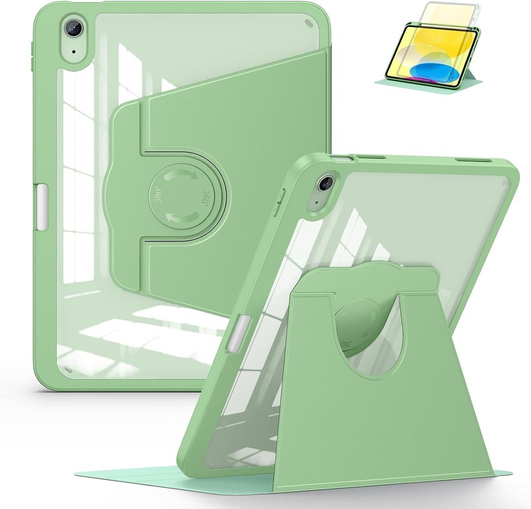 Soke Rotating Case for iPad (A16) 11th Generation 2025, iPad 10th Gen 2022 with Pencil Holder, [Shockproof + Auto Sleep/Wake] 360 Degree Rotation Clear Back for iPad 11"/10.9" - Matcha Green | Built-in Apple Pencil Slot, fit iPad 2025 and 2022, Auto Sleep/Wake, Transparent PC Back