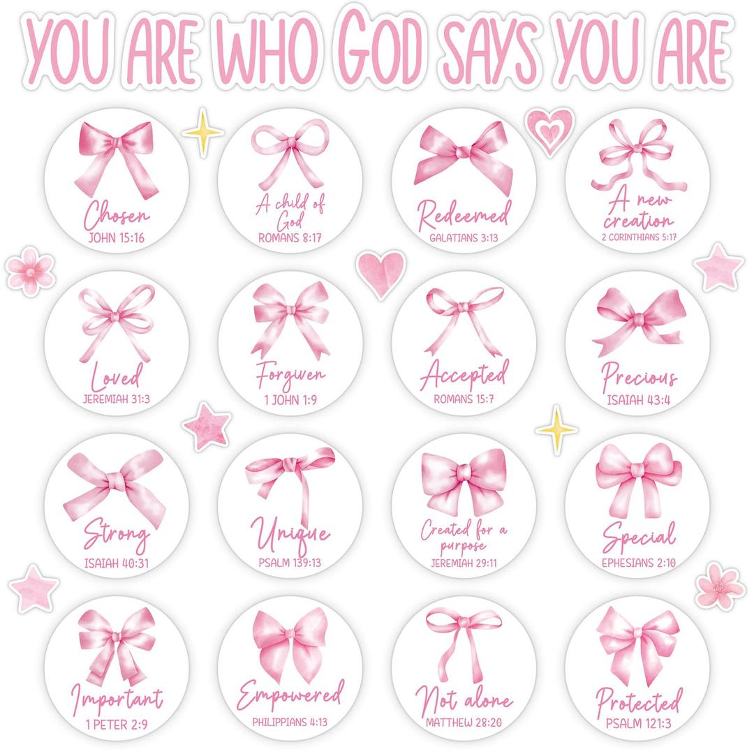 4 x Christian Bulletin Board Decorations Inspirational Bulletin Board Set Pink Bow God Says You are Religious Classroom Wall Decor VBS Motivational Cutouts for Sunday School Home Church Supplies