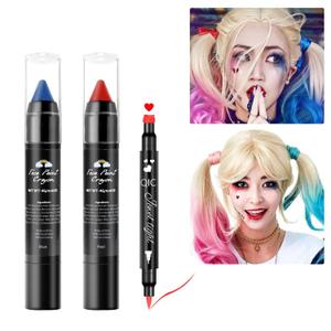 Face Paint Kit for Halloween Harley Quinn Cosplay Party Makeup for Women Girls, Red & Blue Face Body Painting Cream Blendable Sticks Red Liquid Eyeliner Stamp Pen Accessories Set