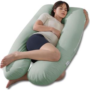 QUEEN ROSE Pregnancy Pillows, Soft Cotton U Shaped Body Pillow for Sleeping, Maternity Pillow for Pregnant Women, Green, 55in