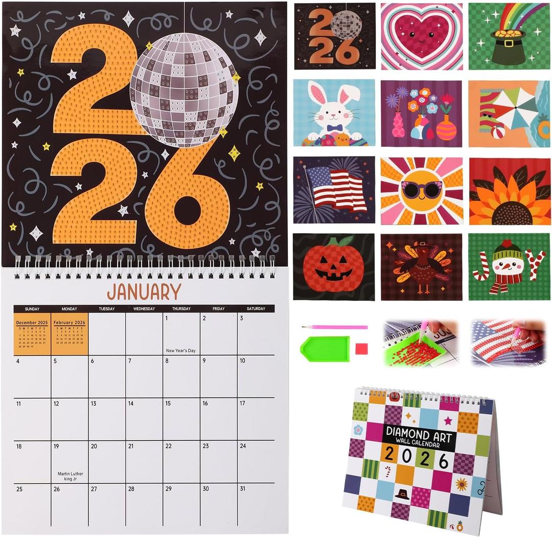 2026 Wall Calendar Diamond Painting Kit - DIY Diamond Art Calendar, 12-Month Flip Wall Calendar, for Holiday Christmas Home Office Decoration