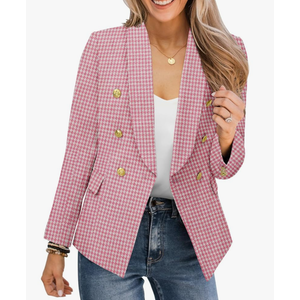 CRAZY GRID Womens Casual Blazer Jacket Gold Button Long Sleeve Work 0ffice Blazer Lapel Open Front Jacket, L