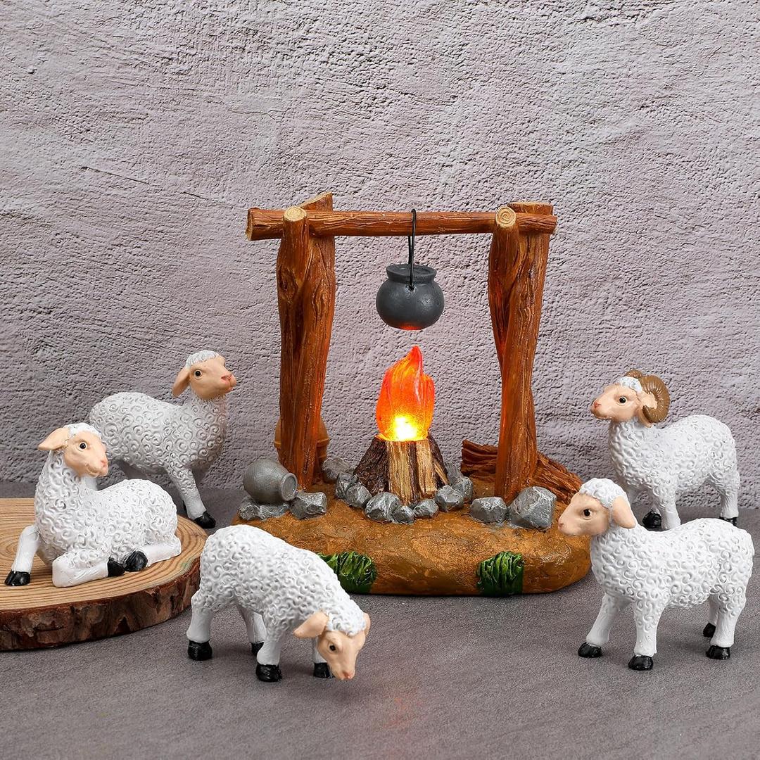 Barydat 6 Pcs Christmas Nativity Animals Set, 5 Inch White Sheep Animals Figurines Christmas LED Light up Nativity Collection Village Accessory Lighted Campfire Hand Sculpted and Painted Nativity Sets