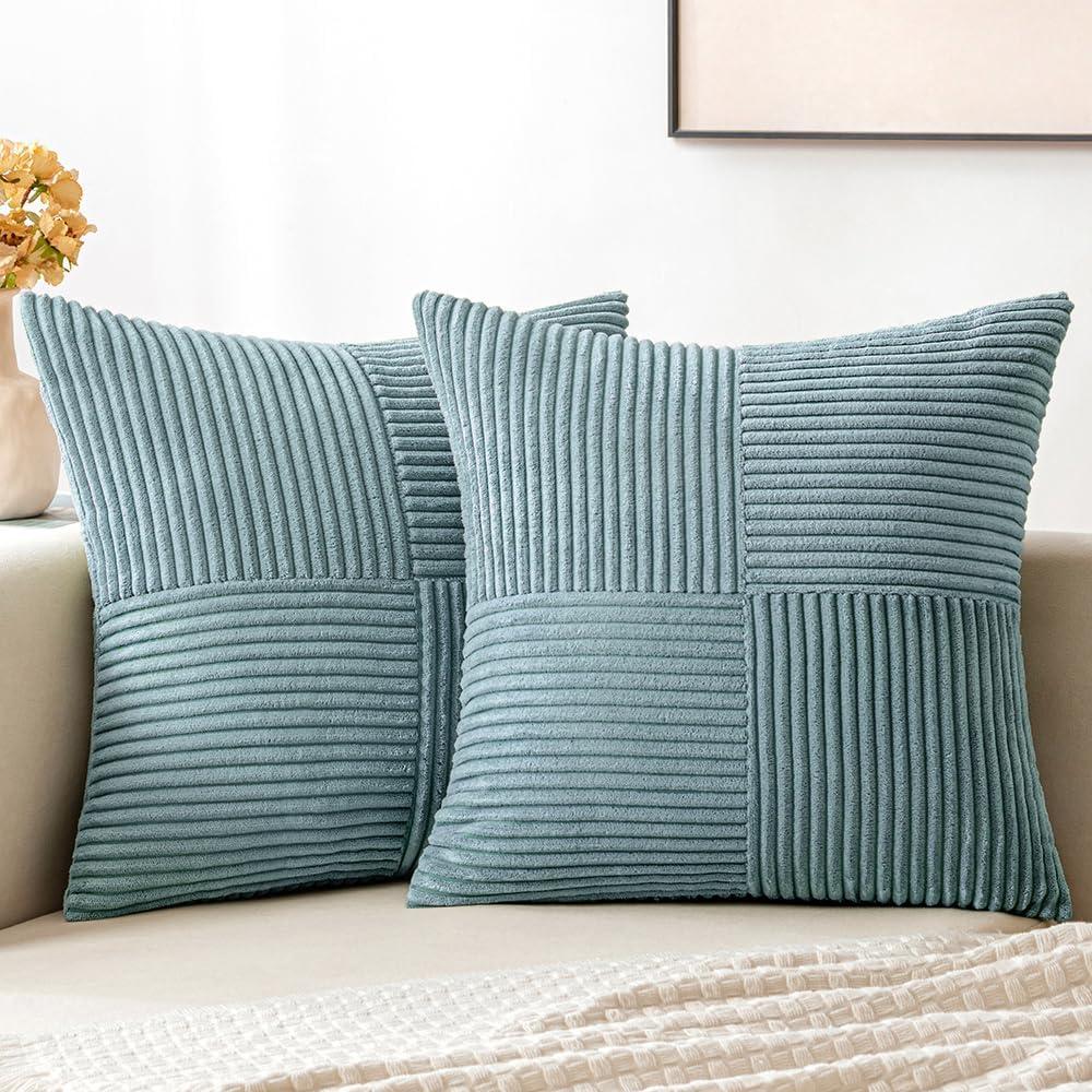 MIULEE Dusty Blue Corduroy Pillow Covers Pack of 2 Boho Decorative Spliced Throw Pillow Covers Soft Solid Couch Pillowcases Cross Patchwork Textured Cushion Covers for Living Room Bed Sofa 20x20 inch