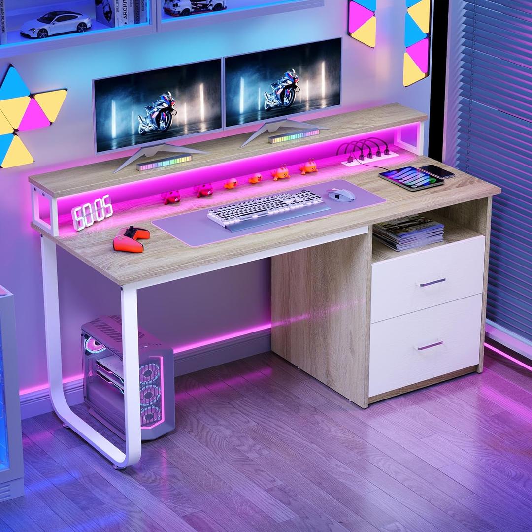 DWVO Computer Desk with Drawers, 47.2" Office Desk with Power Outlets & LED Light, Home Office Desk with Storage Shelves, White & Oak