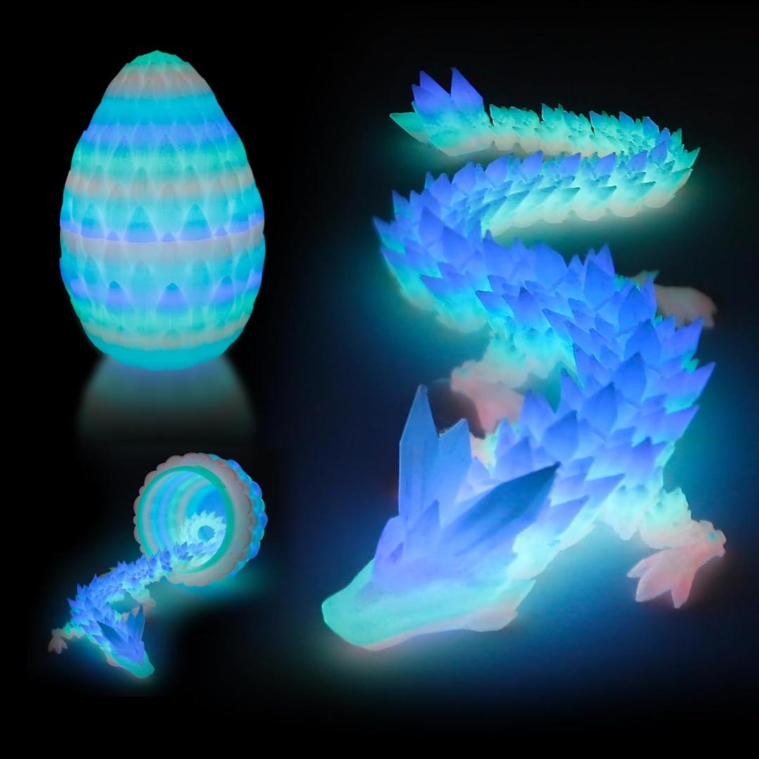 3D Printed Dragon Egg - Surprise Egg with 12" Flexible Crystal Dragon Inside, Mythical 3D Printed Gift Toy, Desk Executive Pet, Figurine Decor for Christmas, Birthday, Easter (Glow Rainbow)