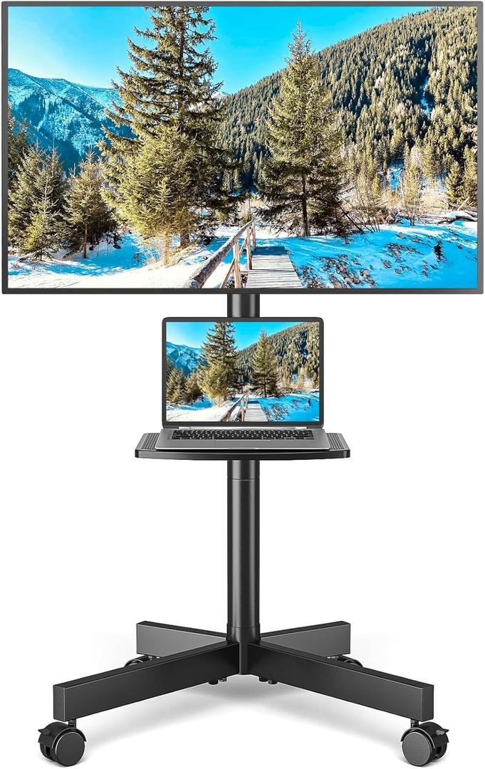 Rolling TV Stand with Shelf for 23-65 inch TVs up to 88lbs, Portable Mobile TV Cart with Silent Wheel, Tilt & Height Adjustable Universal Corner TV Stand for Bedroom, Living Room, Office (Black)