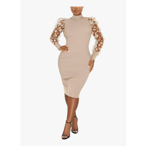 Annystore Women's Elegant Mock Neck Sheer Long Sleeve Mesh Bodycon Dress Ribbed Club Party Pencil Midi Dresses Clubwear, XL
