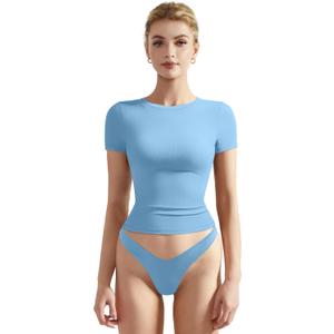 SUUKSESS Women Fitted Basic Tee Cotton Ribbed Crew Neck Summer Short Sleeve Y2K Crop Top (Blue, L)