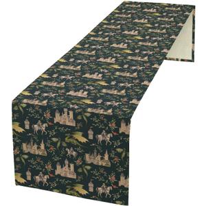Dragon Table Runner, Magical Medieval Castle Dragon Knights and Floral Pattern for Home Kitchen Table Decor Dining Coffee Room Party Decor 13x36in (Style-21)