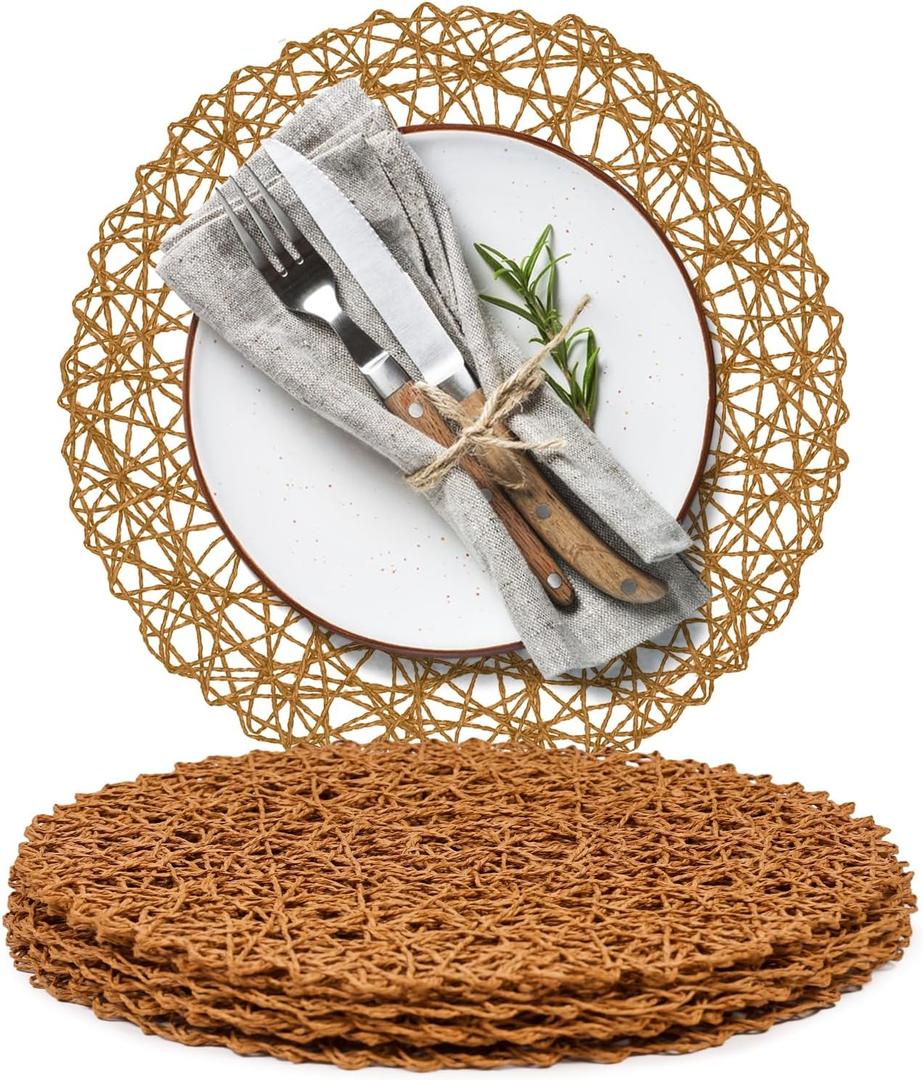 AHHFSMEI Paper Braided Round Placemats Set of 6 Natural Non-Slip Heat Resistant Table Mats for Dining Tables Woven Indoor & Outdoor Place mats(Brown)