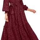 MITILLY Women's Floral Lace Long Puff Sleeve Ruffle High Neck A-Line Flowy Tiered Maxi Dress with Belt Small Wine Red S