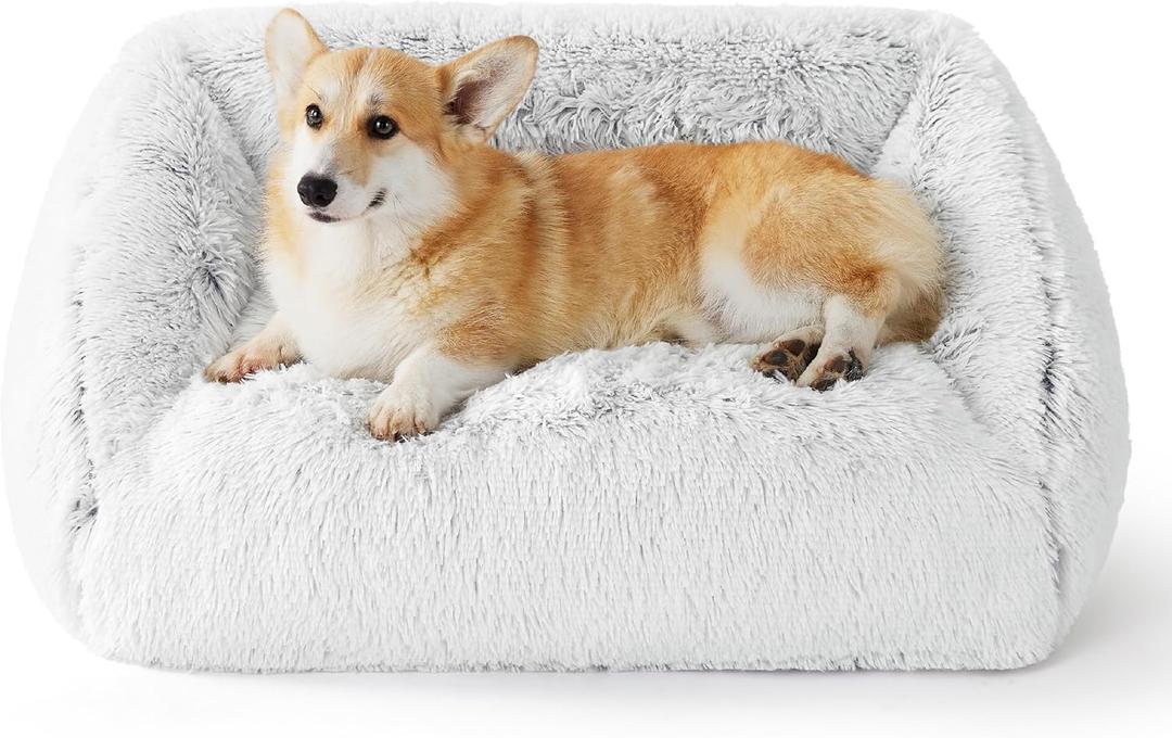 Lesure Dog Bed Medium Size - Cute Furry Calming Puppy Beds, Rectangle Washable Indoor Pet Beds with Removable Zipper Cover, 35x25x11inches, Grey (Large)